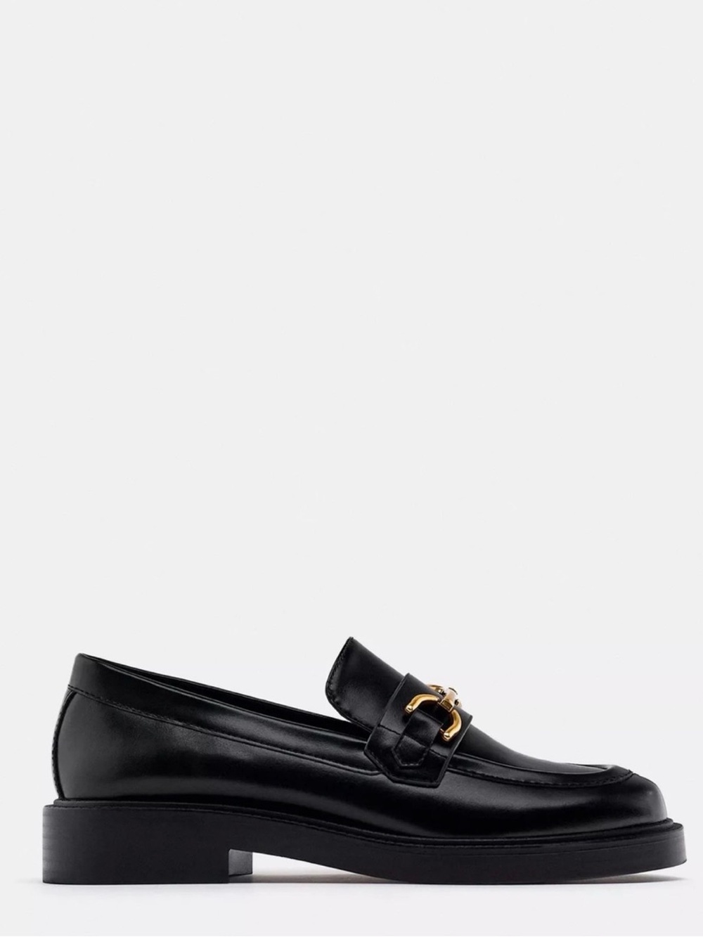 Zara Black Leather Slip-On Loafers with Gold Buckle